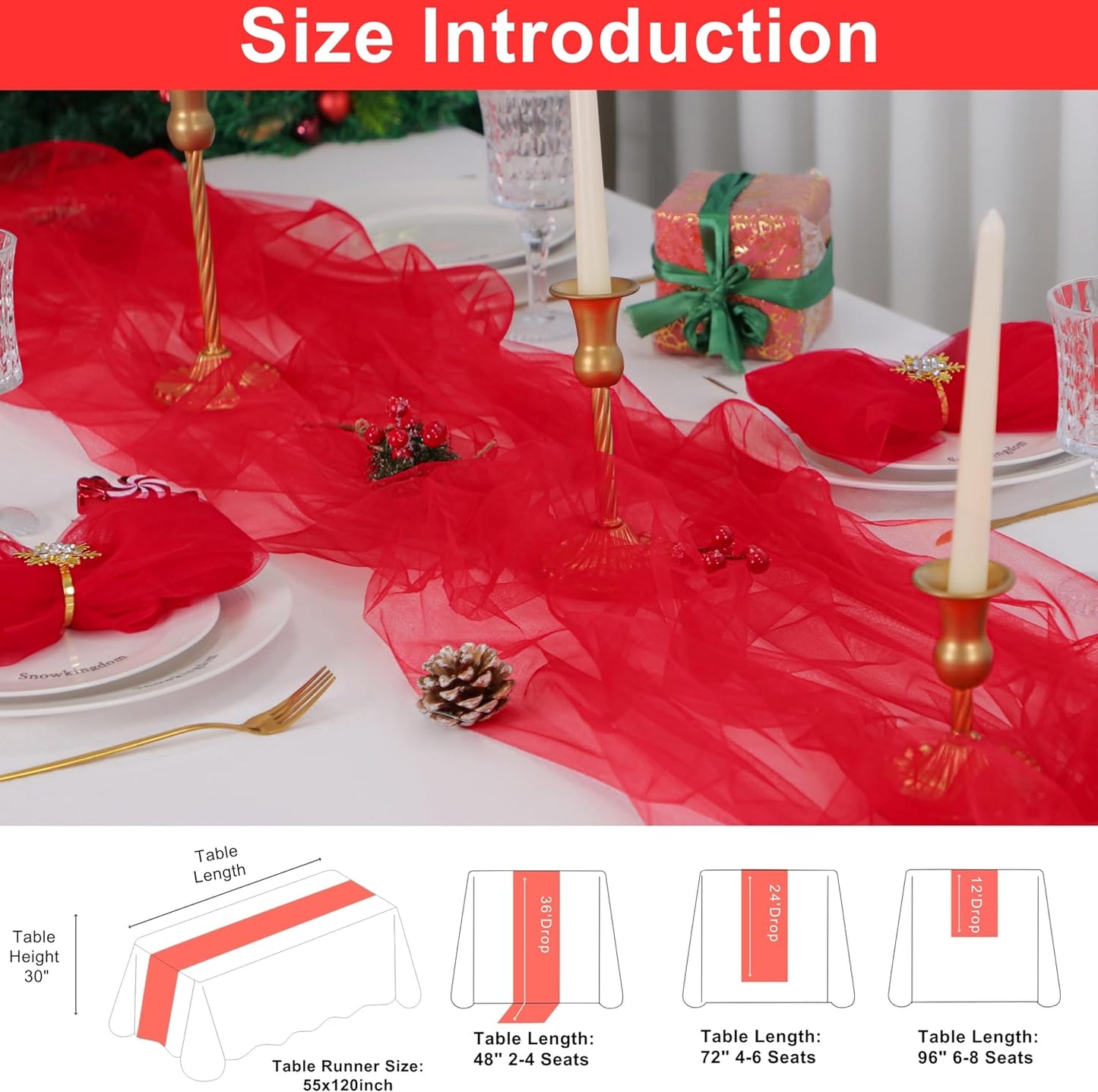 Snowkingdom Red Table Runner, 10FT Sheer Tulle Cheesecloth Gauze Table Runner, Boho Rustic Vintage Cheese Cloth for Christmas Wedding Party Bridal Baby Shower Long Table Decorations 120 inch