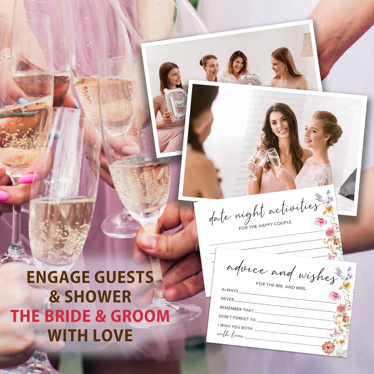 50 Pcs Advice and Wishes for the Mr and Mrs Cards - Bridal Shower Guest Book, Wedding Reception Decor, Newlywed Games, Engagement Party & Anniversary Keepsake -B06