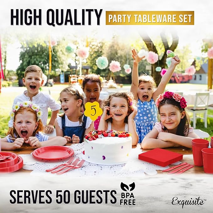 350 Pcs Red Plastic Plates For Party, Red Disposable Plates Set, 50 Of Each 9" Dinner Plate Set, 7" Dessert Plate, Cups, Napkins & Cutlery Plastic Dinnerware Exquisite