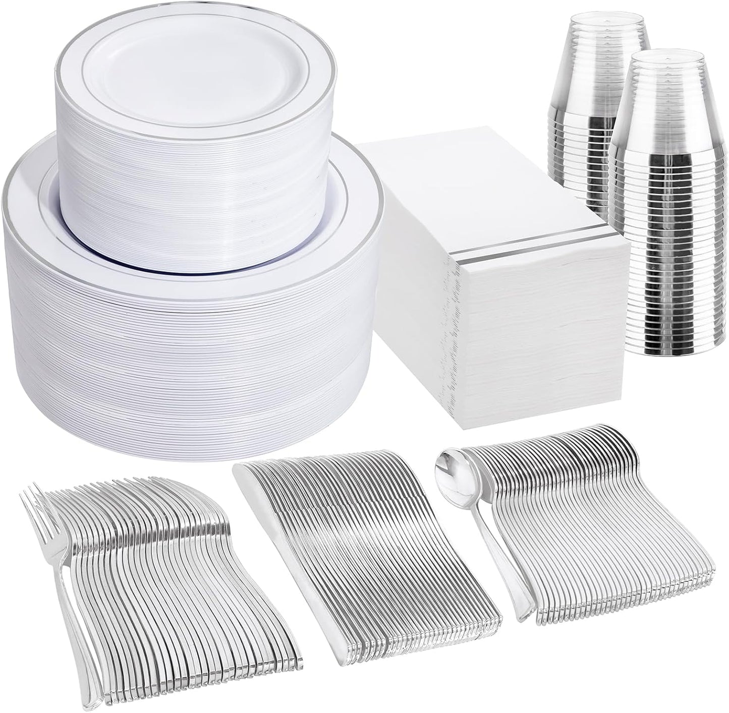 GATHER 700PCS Silver Plastic Plates - Silver Plate Set 100Guest - Disposable Dinnerware Sets 100Silver Rim Dinner Plates 100Silver Dessert Plate 100Paper Napkins&Cups&silver Plastic Silverware Set