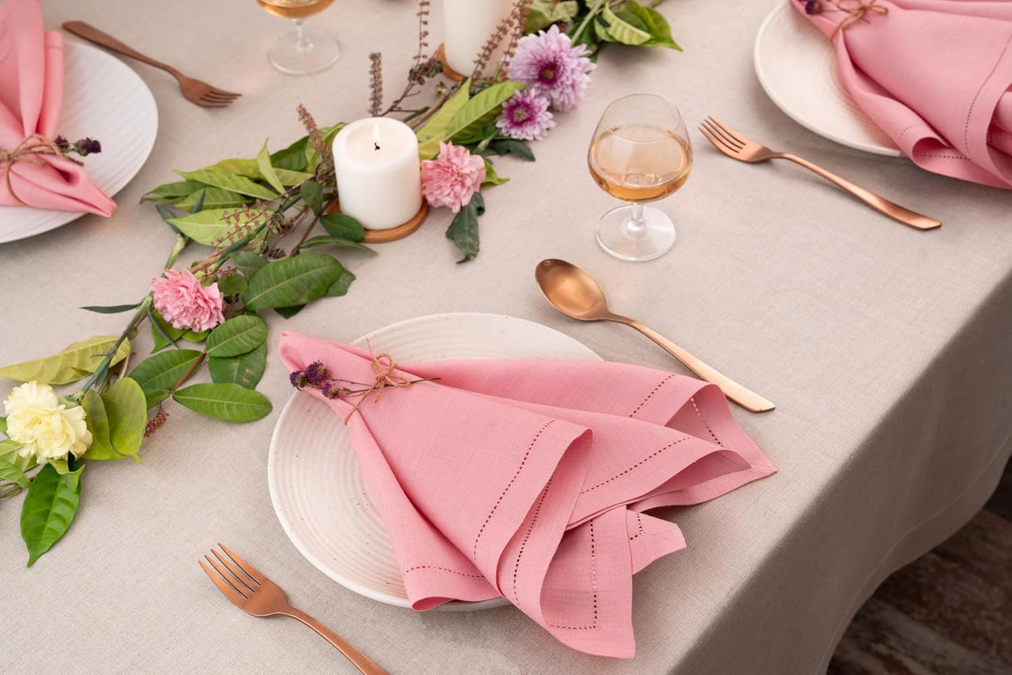 D'Moksha Homes Linen Dinner Napkins 20 x 20 Inch - 100% Pure Linen Dusty Pink Napkins Set of 4 - Classic Hemstitch - Washable Dusty Pink Cloth Napkins for Summer