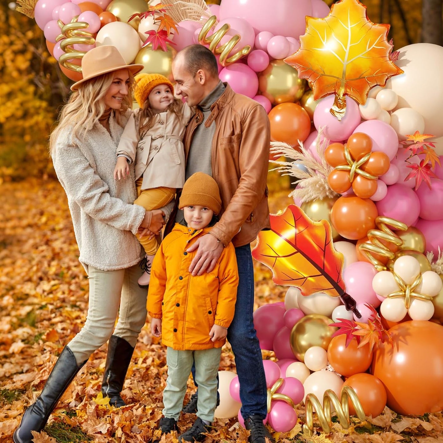 Fall Balloon Arch Kit, Thanksgiving Balloon Garland with Hot Pink Orange Gold Balloons with Leaf Foil Balloons for Thanksgiving Autumn Fall Birthday Baby Shower Party Decorations