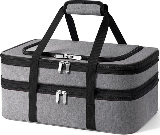 Double Insulated Casserole Carrier - Portable Casserole Carriers for Hot or Cold Food Lunch Tote Warmer or Cooler Bag for Potluck Parties Picnic Cookouts, Fits 9" x 13" Baking Dish - Grey