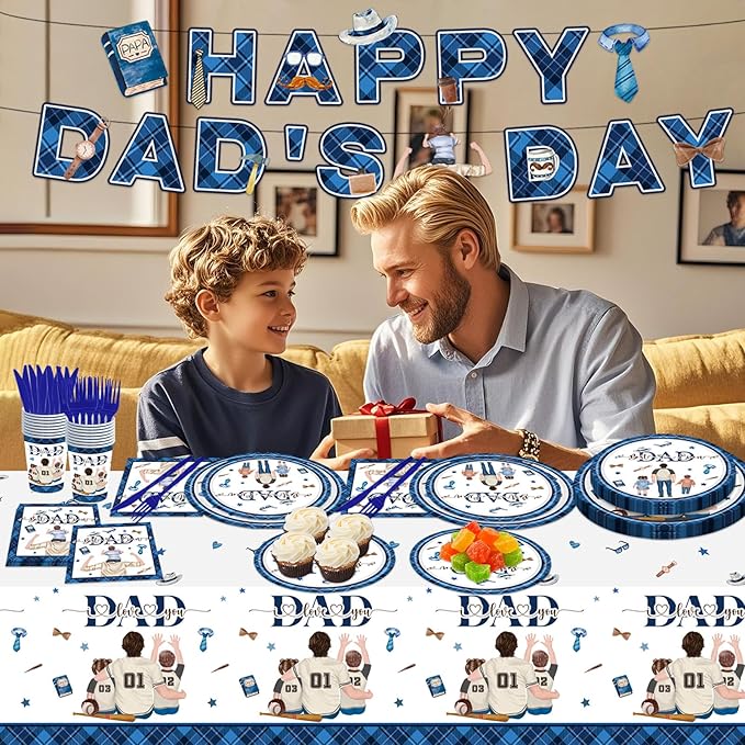 98PCS Happy Father's Day Party Supplies Fathers Day Tableware Set Best Dad Paper Plates Napkins Forks Knives Tablecloth Banner Fathers Day Party Decorations Disposable Dinnerware for 16 Guests