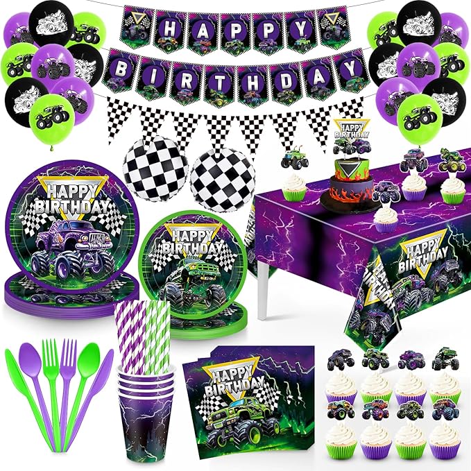 Truck Birthday Decorations Kit,162pcs Monster Birthday Party Supplies Serves 16 Guests, Truck Theme Party Decorations for Boy Purple and Green