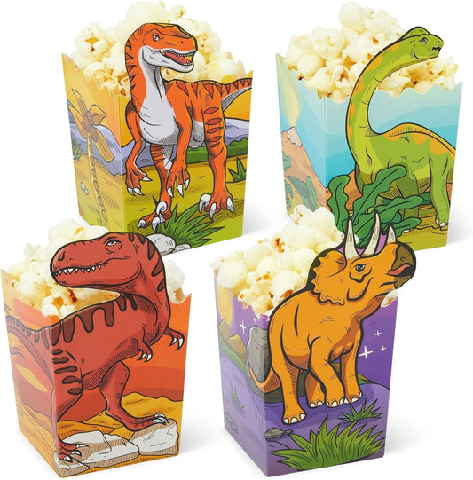 BLUE PANDA Dinosaur Popcorn Boxes - 60 Pack, Multicolor, 4 Designs - Bulk Popcorn Boxes for Dinosaur Birthday Party Supply & Reusable Snack Holder