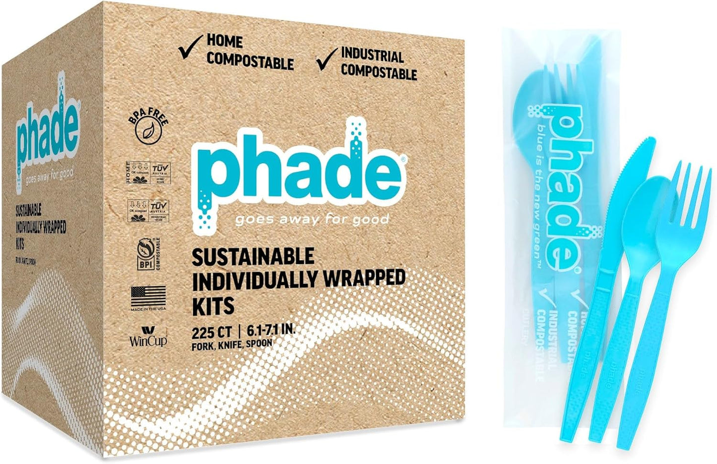 phade 100% Compostable Cutlery Set – 675 Utensils - BPI Certified Forks, Knives & Spoons in Wrapped Compostable Packaging, 6.1–7.1 Inch Sustainable Disposable Utensils – Made in USA