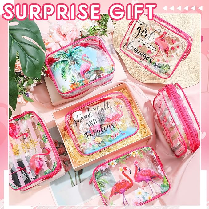 Cunno 6 Pcs Makeup Bags Gifts for Women Preppy Boho Smile Face Flamingo Clear Makeup Bags Cosmetic Transparent PVC Travel Toiletry Organizer for Birthday Party Favor(Flamingo Style)