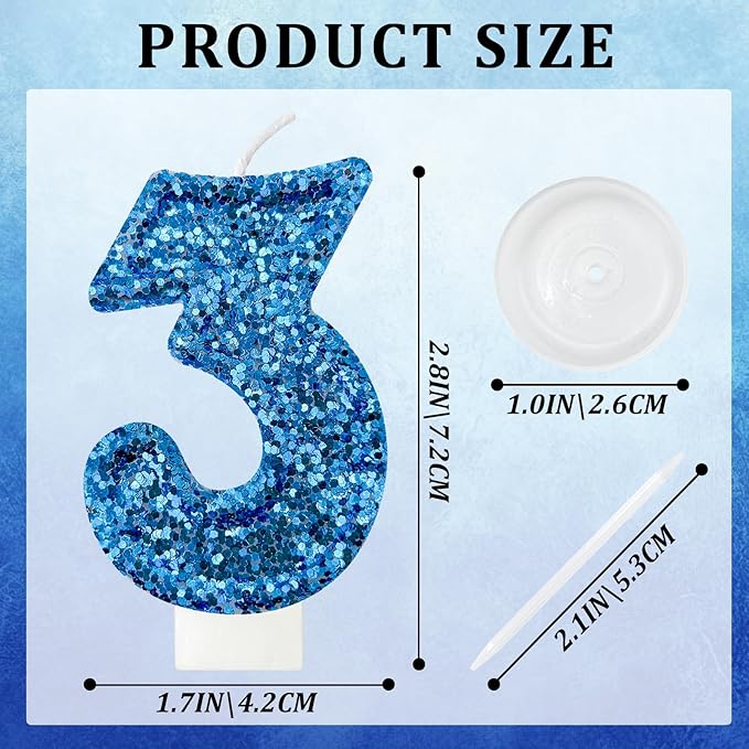Zailo Birthday Number Candles, Glitter Number Candle Cake Decorations with Sequins, Cupcake Decorations for Girls, Women, Party Anniversary Celebrations (Number 3, Blue)