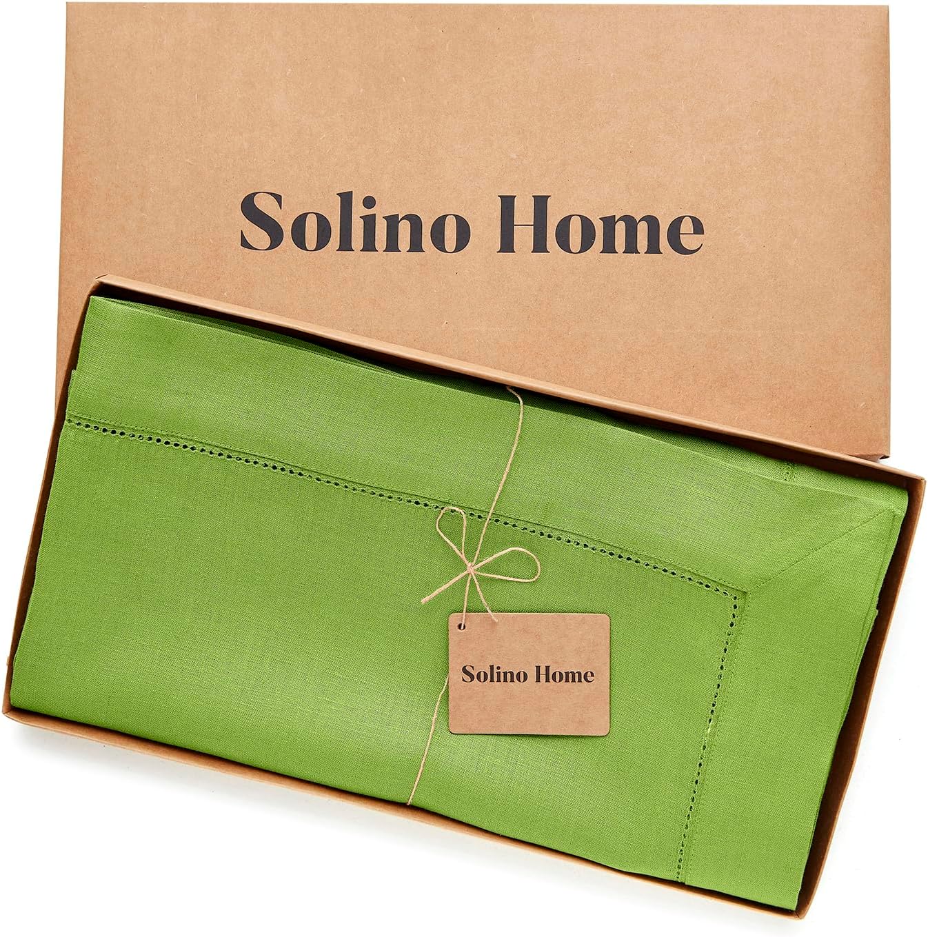 Solino Home Linen Tablecloth for Rectangle Tables 60 x 120 Inch - Classic Hemstitch 100% Pure Linen Lime Green Table Cloth - Machine Washable Cloth Tablecloth