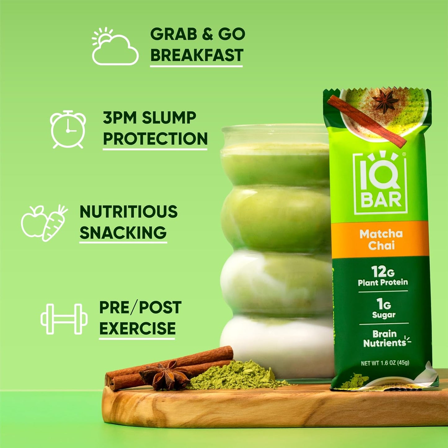 IQBAR Brain and Body Plant Protein Bars - Matcha Chai - 36-Count - Keto, Vegan, Low Carb, High Fiber, Gluten Free, Dairy Free, Low Sugar Snack with Nutrients for Focus, Energy, Meal Replacement