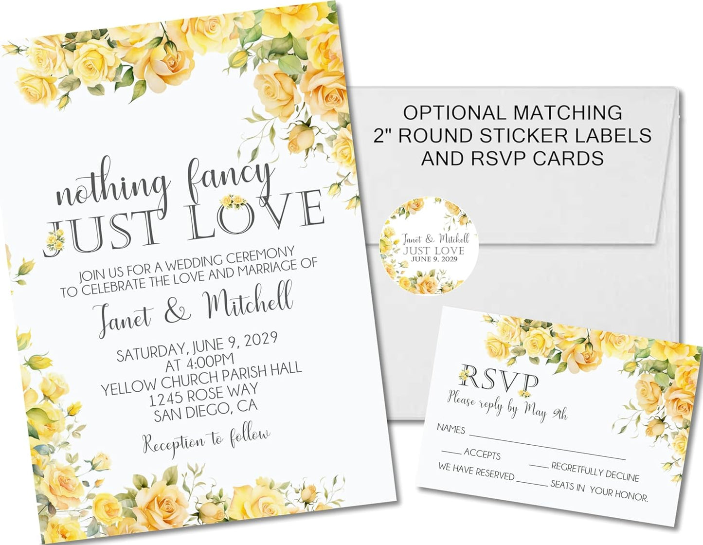 Yellow Rose Wedding Invitations, Garden Floral, Personalized, Set of 12 Invitations with Envelopes