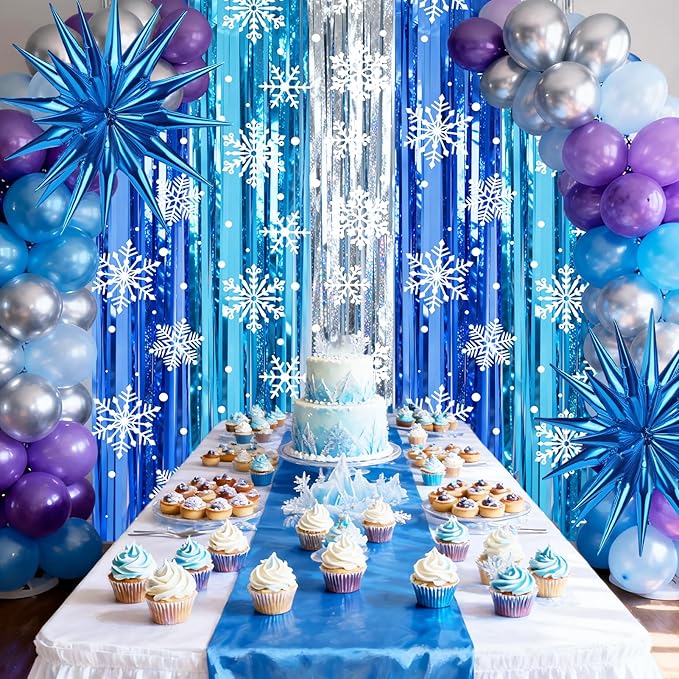 2 Packs Snowflake Foil Fringe Curtain, Blue Silver Ice Glitter Metallic Tinsel Backdrop for Princess Birthday Baby Shower Santa Claus Christmas Winter Wonderland Party Decoration Supplies