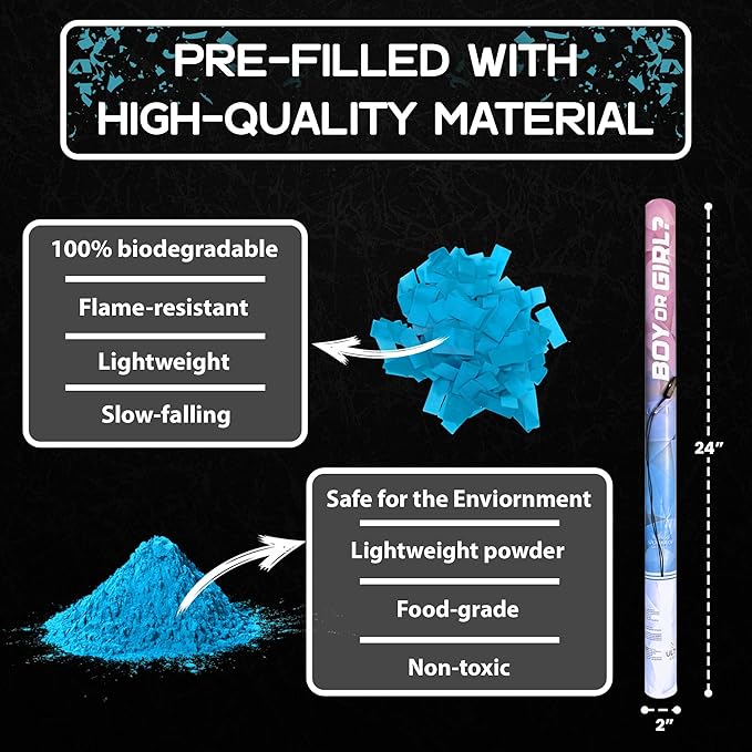 Ultimate Confetti - Electric Powder + Confetti Popper Cannon Cartridge 24” Blue - Pre-Filled and Leak-Resistant Gender Reveal Poppers Cannon, Requires EC-1 or EC-4 Confetti Machine to Activate