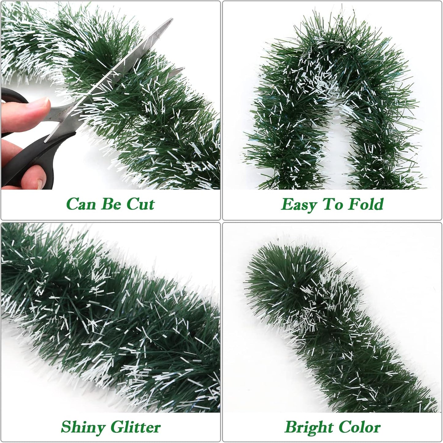 50Ft Christmas Tinsel Garland, Green Metallic Twist Garland for Christmas Tree Decorations, Xmas Tree Decor for Holiday Party Supplies (Green)