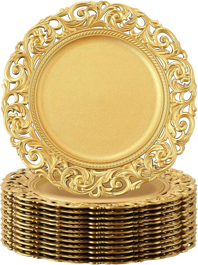 12 Pcs Vintage Gold Charger Plates Bulk 13 Inch Embossed Rim Plastic Round Decorative Plates Charger for Dinner Wedding Party Event Table Setting Decoration (Hollowed out)