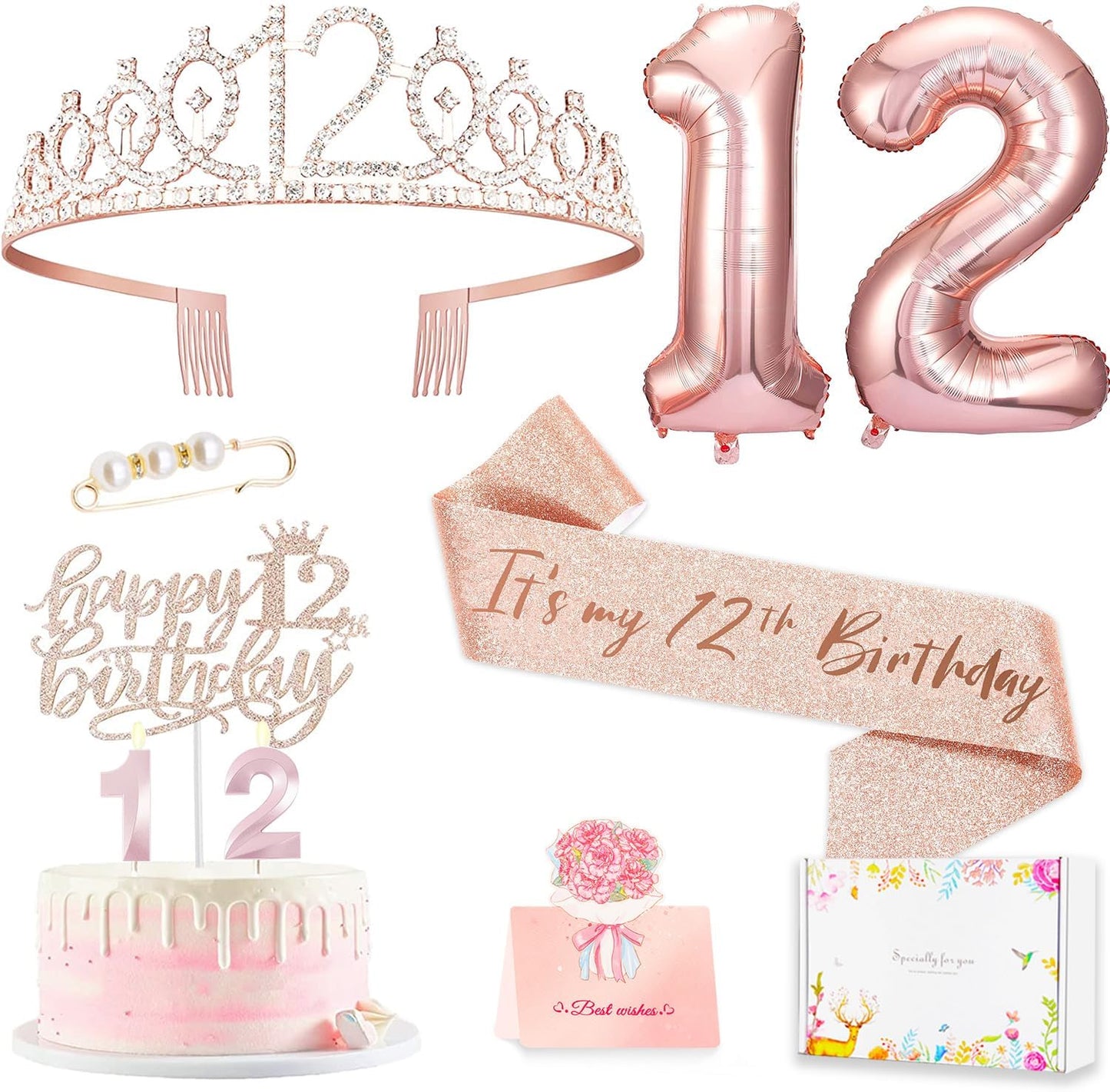 12th Birthday Decorations for Girls, Including 12 year old Cake Topper, Birthday Queen Sash with Pearl Pin, Sweet Rhinestone Tiara Crown, Number Candles and Balloons Set, Rose Gold