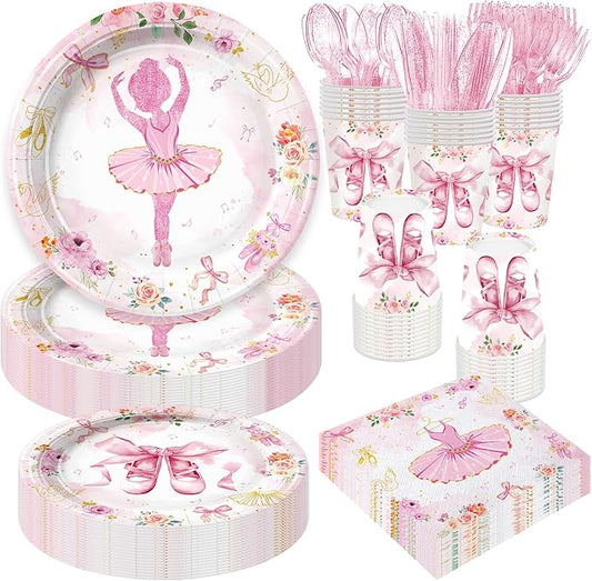 Ballerina Party Supplies Set Ballet Theme Tableware Kit with Plates and Napkins for 1st 2nd Birthday Decorations Serve 24 Guests