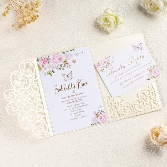 50Pcs Ivory Wedding Invitation Kits with Envelopes and RSVP Cards Laser Cut 5×7 Tri-Fold Personalized Birthday Invitations for Wedding Quinceanera Party Bridal Shower Engagement