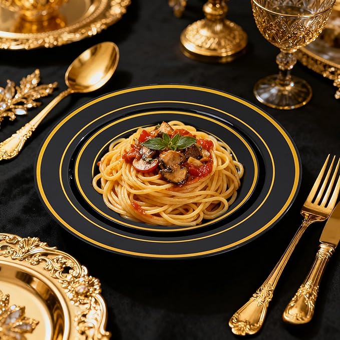 100Pcs Black Plastic Dessert Plates, Disposable Salad Plate with Gold Rim, Premium Hard Fancy Small Plates, Heavy Duty Plastic Cakes Plates for Party, Wedding and Birthday