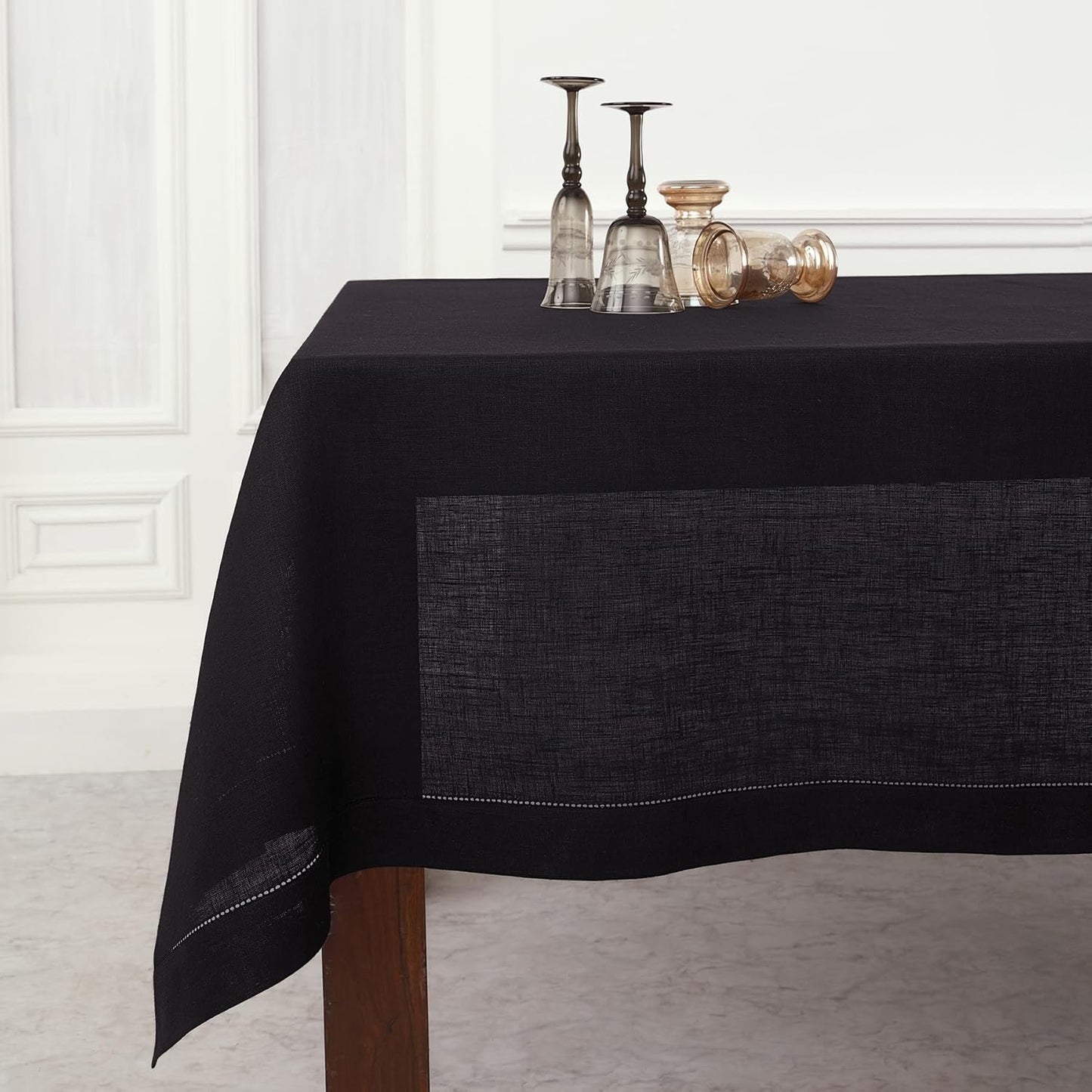 Solino Home Black Linen Tablecloth 60 x 156 Inch - Classic Hemstitch, 100% Pure Linen Rectangular Tablecloth - Machine Washable Table Cloth for Halloween