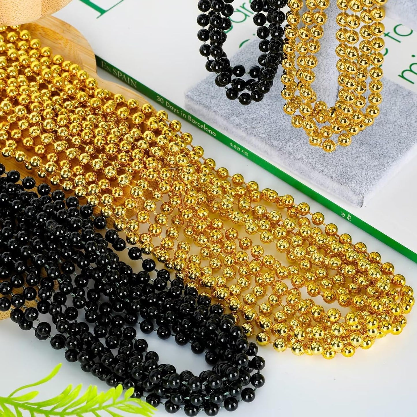 24PCS New Years Eve Bead Party Supplies, Black Gold Bead Necklace, 33" New Years Eve Beaded Necklaces, Festival Parade Throw Accessories for Halloween Trick or Treat Accessories