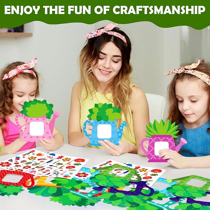Jetec 48 Sets Spring Watering Can Picture Frames Craft Kit DIY Photo Frames Sticker Craft Make Your Own Paper Picture Frame for Home Activities Party Favors Decorations(Classic Color)