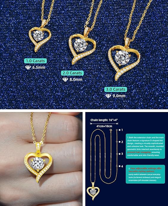 Valentines Day Gifts for Her - Heart Pendent Necklaces for Women, 1-3ct Moissanite Necklace with I love U Engraving - Anniversary Birthday Gifts for Wife, Girlfriend, Mother, 925 Silver Jewelry
