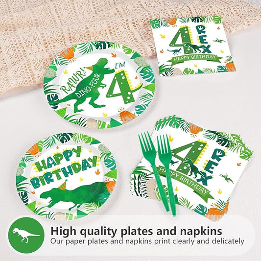Grencian 96Pcs Dinosaur 4th Birthday Decorations Dinosaur 4th Birthday Plates Roar Im Four Paper Tableware Set for Boys Dino Four Year Old Birth-day Party Decorations, Serves 24