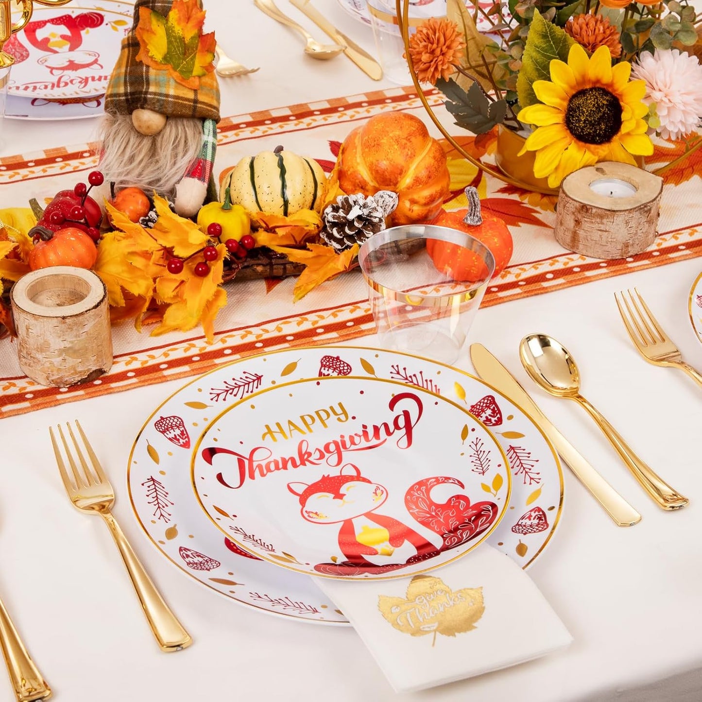 Hioasis 175pcs Thanksgiving Plastic Plates - Gold Dinnerware Set for 25 Guests - 50 Disposable Plates with Red Squirrel, 75 Gold Plastic Silverware, 25 Cups, 25 Napkins for Thanksgiving Party