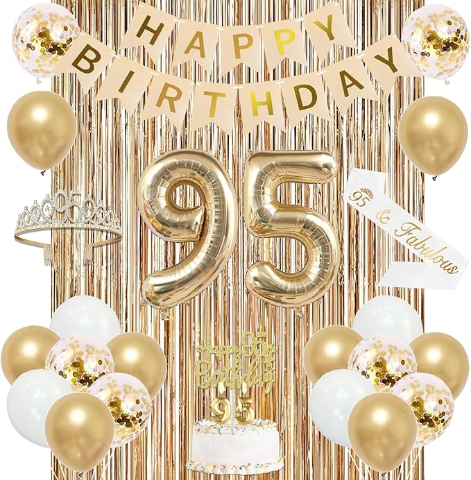 Trgowaul 95th Birthday Decorations for Women, Banner, Sash and Crown, Cake Topper, 95 Number Balloon, Fringe Curtains, Champagne Gold 95th Birthday Party Supplies
