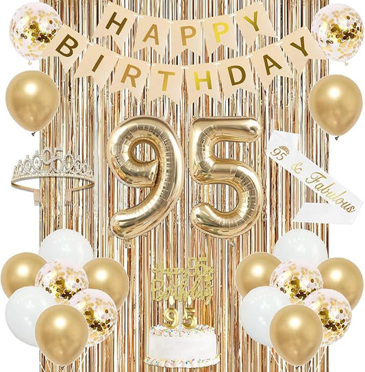 Trgowaul 95th Birthday Decorations for Women, Banner, Sash and Crown, Cake Topper, 95 Number Balloon, Fringe Curtains, Champagne Gold 95th Birthday Party Supplies