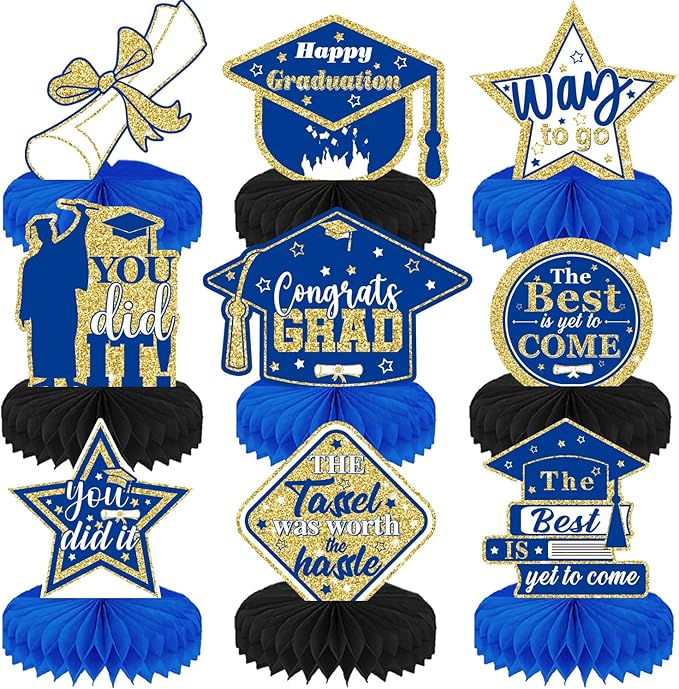 Graduation Centerpieces for Tables, 9Pcs Graduation Table Decorations, 3D Royal Blue Congrats Grad Honeycomb Centerpieces Table Toppers, Photo Props for Class of 2026 Grad Party Favors
