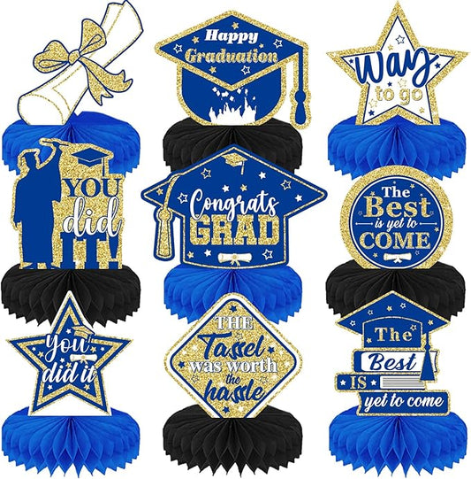 Graduation Centerpieces for Tables, 9Pcs Graduation Table Decorations, 3D Royal Blue Congrats Grad Honeycomb Centerpieces Table Toppers, Photo Props for Class of 2026 Grad Party Favors