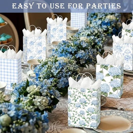 Kolldenn 24 Pcs Hydrangea Floral Party Gift Bags with Handles Paper Candy Treat Goodie Bags Scalloped for Birthday Decoration for Bridal Baby Shower Tea Party Supplies