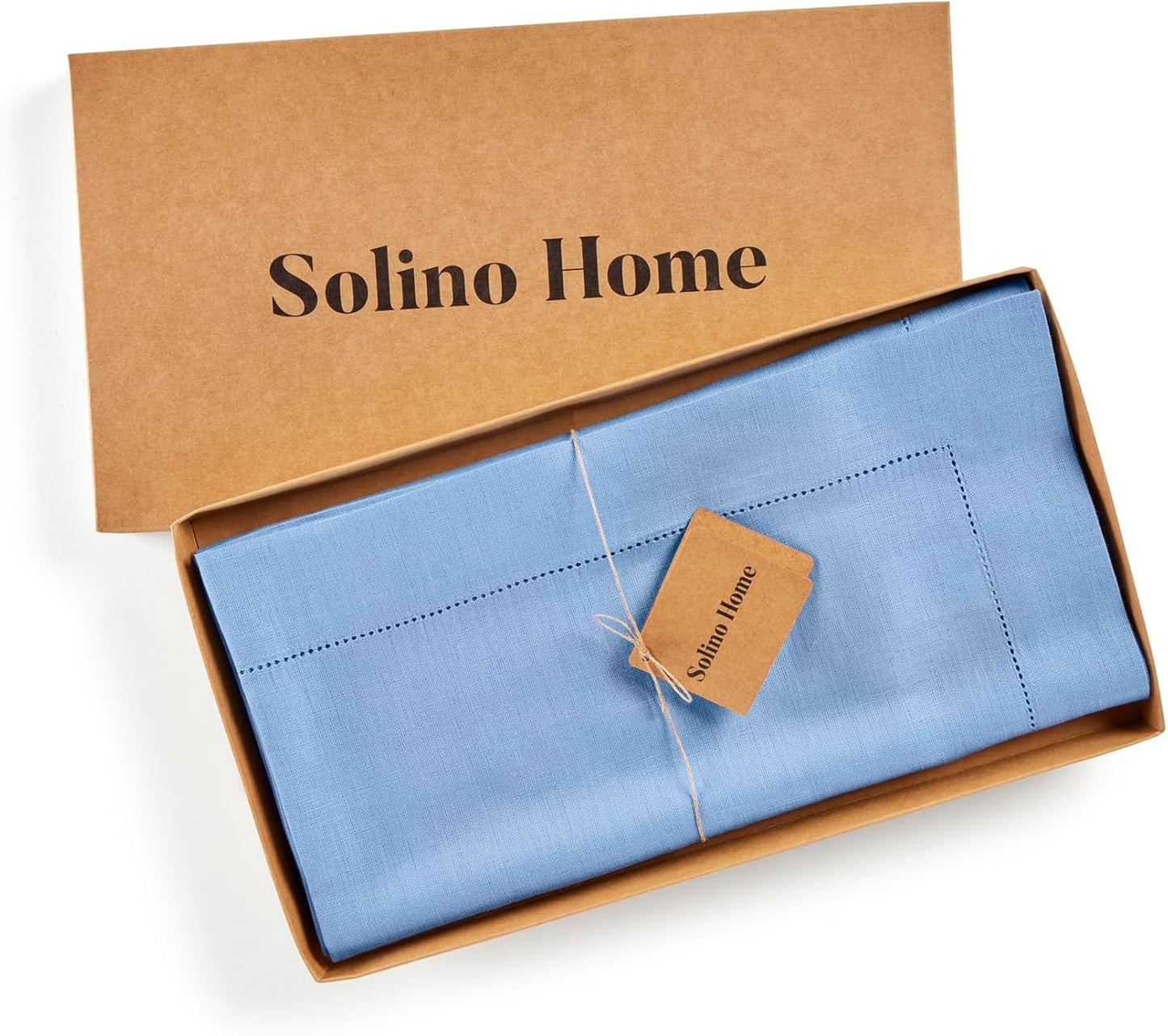 Solino Home Linen Cornflower Blue Tablecloth 52 x 52 Inch - 100% Pure Linen Square Table Throw - Classic Hemstitch, Machine Washable Table Cloth for Christmas, Holiday