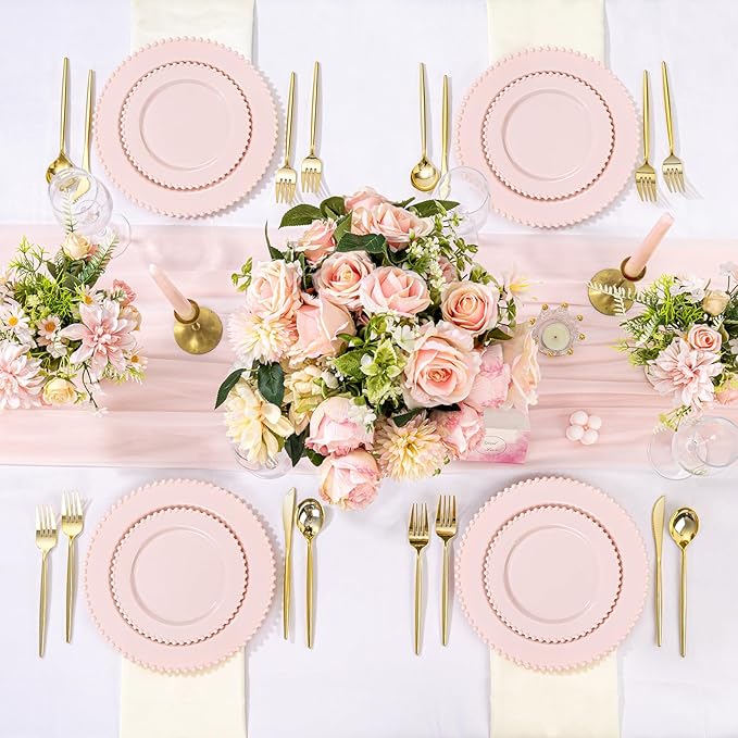 U-QE 60PCS Pink Plastic Plates - Heavy Duty Beaded Pink Disposable Plates for Party, Baby Shower, Wedding, Birthday - Serving 30 Guests Include 30PCS 10inch Dinner Plate & 30PCS 7inch Dessert Plate