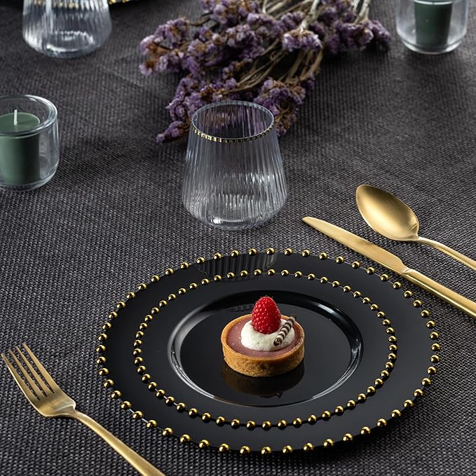PLASTICPRO 32 Piece Combo Plastic Dinner Plates Disposable Plastic Fancy Heavy Duty Party Dishes 7 inch and 10 inch, Black and Gold Beaded