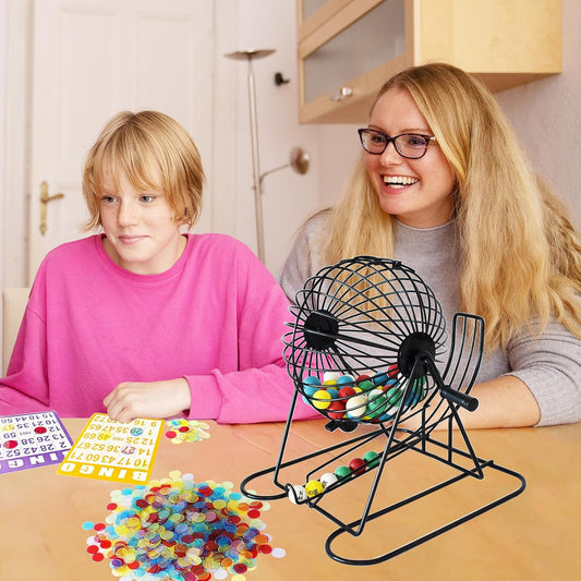 Yuanhe Deluxe Bingo Game Set - Metal Round Cage, 75 Colored Bingo Balls, 100 Bingo Cards, 500 Mixed Chips and Master Board for Large Groups, Parties