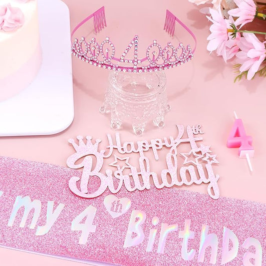 4th Birthday Decorations for Girls - Pink Birthday Crown, Glitter Sash, Number 4 Candles and Cake Toppers for Girls 4 Year Old Party Supplies Outfit Gift