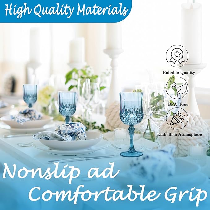 Plastic Wine Glasses, Plastic Goblets Vintage Style Cordial Unbreakable Drinking Glasses, Reusable Drinkware for Wedding Reception, Grand Event Party Supplies, Easter (12, Dusty Blue)