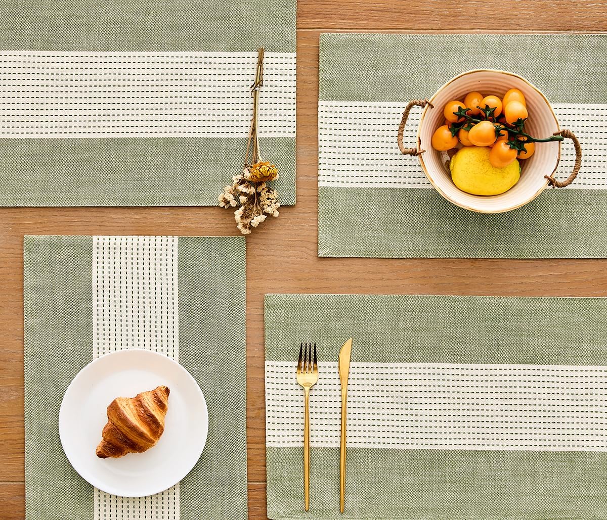 Wracra Linen Placemats, 12 x 18 Inch Set of 4 Placemats, Farmhouse Macrame Place Mats for Kitchen Table and Heat Resistant-Hemstitch Sage Green 4PCS