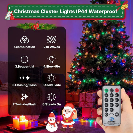 Christmas Cluster Lights Plug-in -52FT 800 LED Firecrackers String Lights,8 Modes Timer Waterproof Twinkle Fairy Lights for Christmas Tree Garland Party(Multicolor)