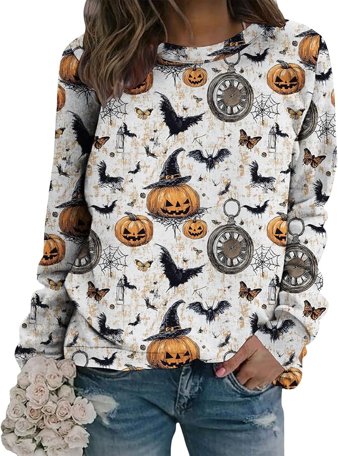 LIZALIG Pullover Cute Sweatshirt Orange Skeleton Fall Festive FunWomens Design Bat Holiday Party Outings Pumpkin Print