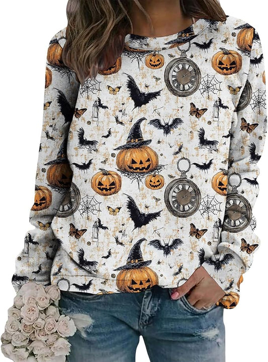 LIZALIG Pullover Cute Sweatshirt Orange Skeleton Fall Festive FunWomens Design Bat Holiday Party Outings Pumpkin Print