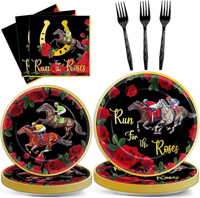 OBUSATT 96PCS Run for The Roses Party Supplies Horse Racing Paper Disposable Plates Napkins Forks Derby Party Decorations Dinnerware Set for Horse Theme Birthday Favor Tableware Serves 24