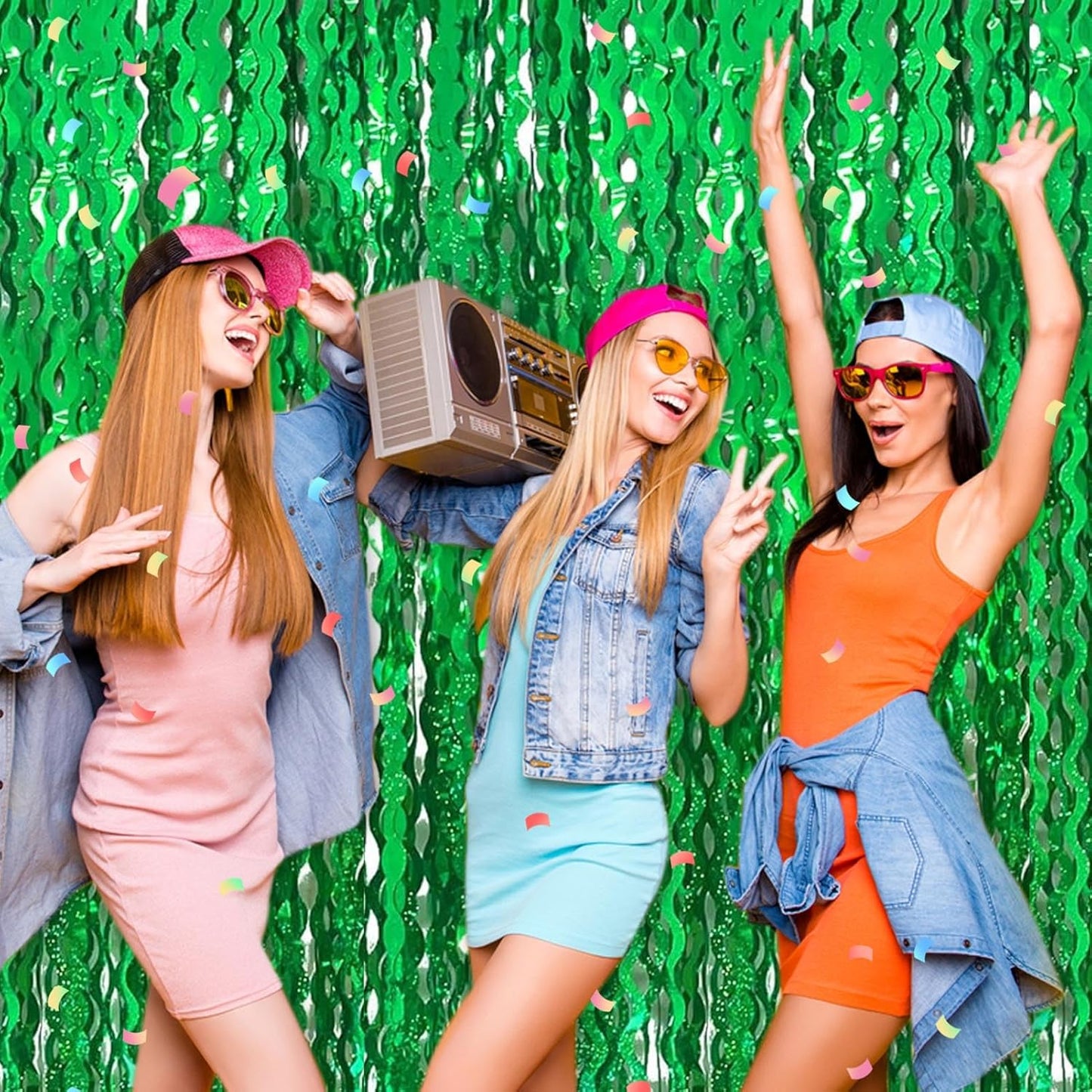 4 Pack Green Fringe Curtain Backdrop 3.2Ft x 8.2Ft Metallic Tinsel Foil Fringe Streamers Background for Photo Booth, Easter, Mother's Day, Bachelorette, Wedding, Birthday Party Decoration