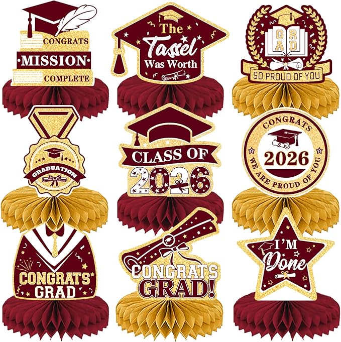 Graduation Table Decorations 2026, Maroon Gold Graduation Centerpieces for Tables, 9Pcs Honeycomb Centerpieces, 3D Congrats Grad Table Toppers for Grad Party Decorations, Class of 2026 Decor