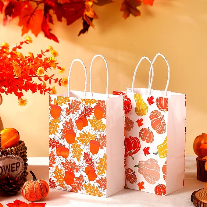 Glenmal 24 Pcs Fall Thanksgiving Gift Goodie Bags Bulk Maple Leaf Pumpkin Kraft Bags with Handles for Thanksgiving Autumn Party Favors Birthday Party Favors Supplies