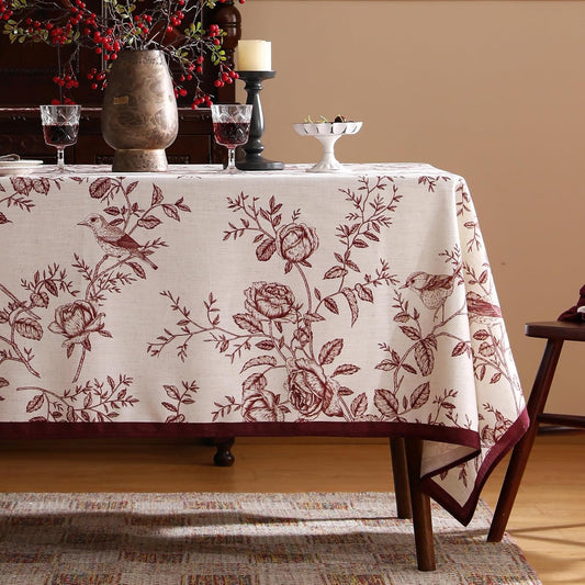 ISAENNE Designer Vintage Linen Long Tablecloth Rectangle,Red Floral Pattern Linen Stain Resistant Table Cloth,Decor Tablecloths for Dining Thanksgiving Kitchen Tea Party,63"*102"-Harmony